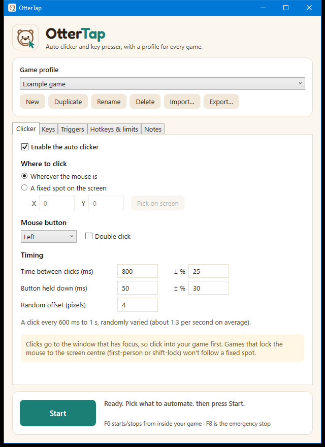 The OtterTap window showing the auto clicker settings: where to click, mouse button, and timing with random variation.