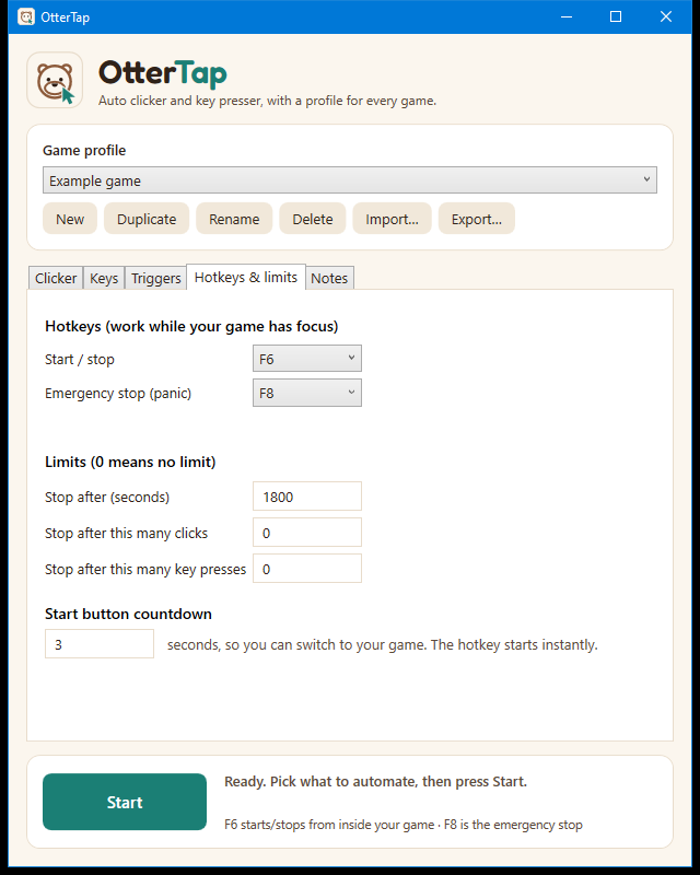 The Hotkeys and limits tab in OtterTap.