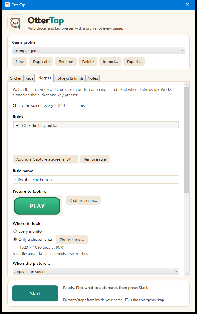 The OtterTap Triggers tab with a rule that clicks a Play button whenever it appears on screen.